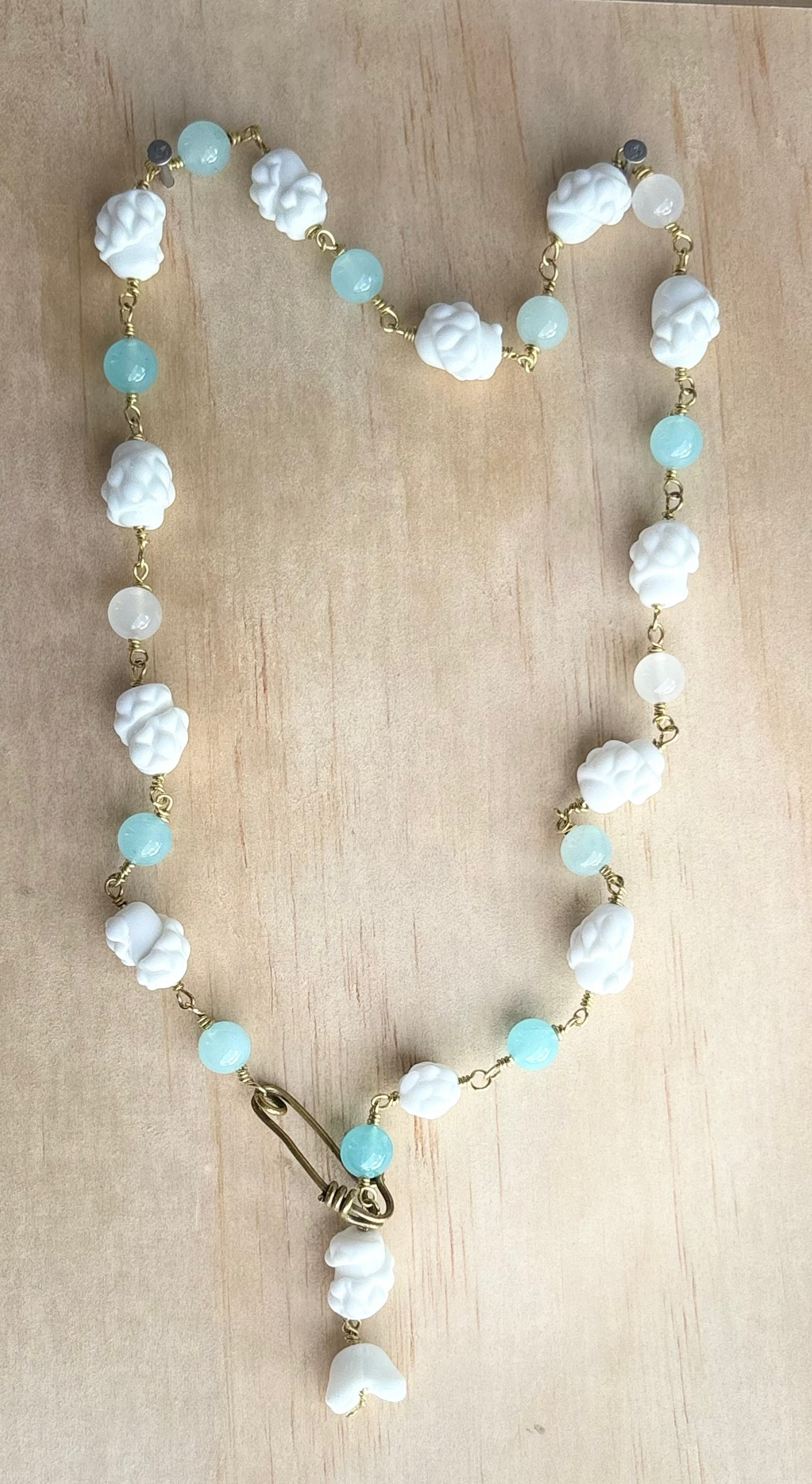 Blue quartz  and czech white porcelain. helen necklace.  With signature brass safety pin closure